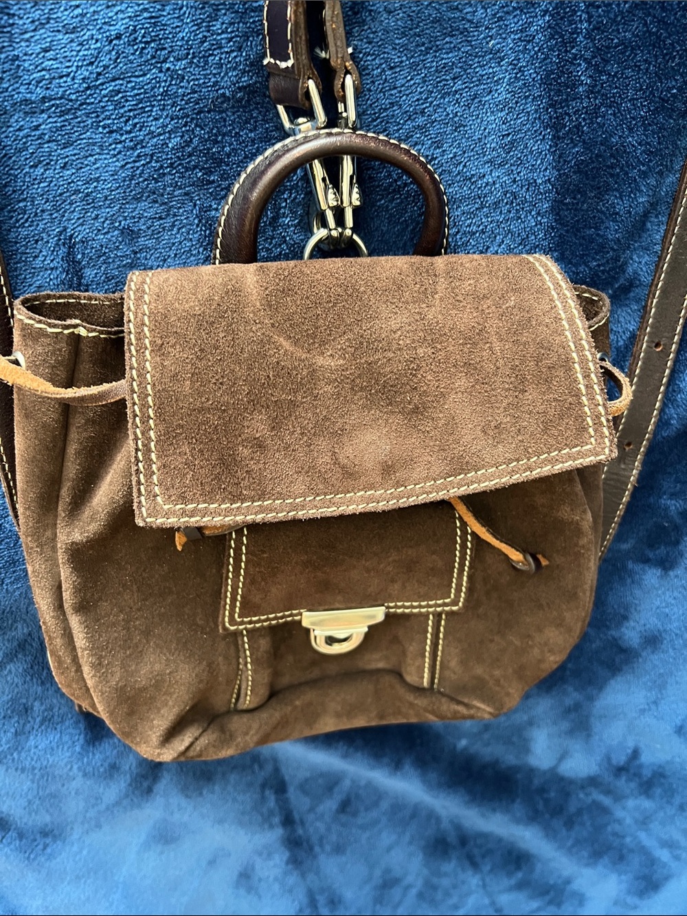 Roots Brown Suede leather Mini Drawstring Backpack with Front Clasp - Picture 2 of 4